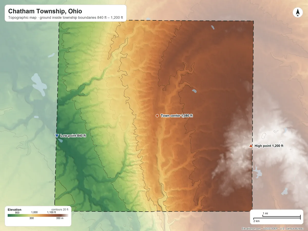 Topographic elevation map of Chatham Township, Ohio, shaded from 840 ft on the west side to 1,200 ft on the east side