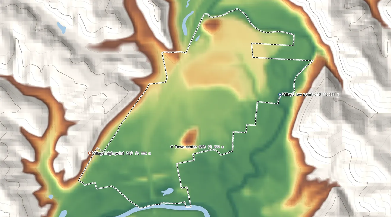 Topographic elevation map of Chauncey, Ohio, shaded from 640 ft on the northeast side to 720 ft on the west side