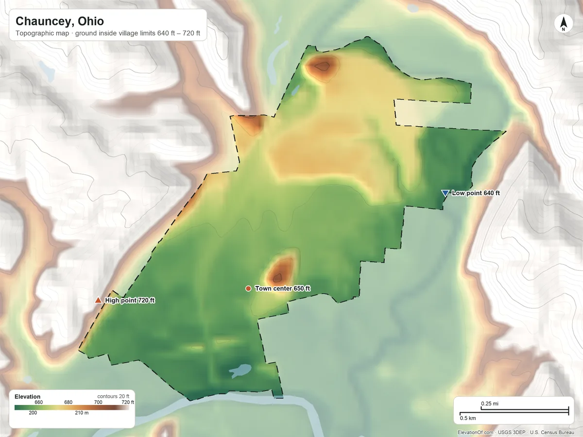 Topographic elevation map of Chauncey, Ohio, shaded from 640 ft on the northeast side to 720 ft on the west side