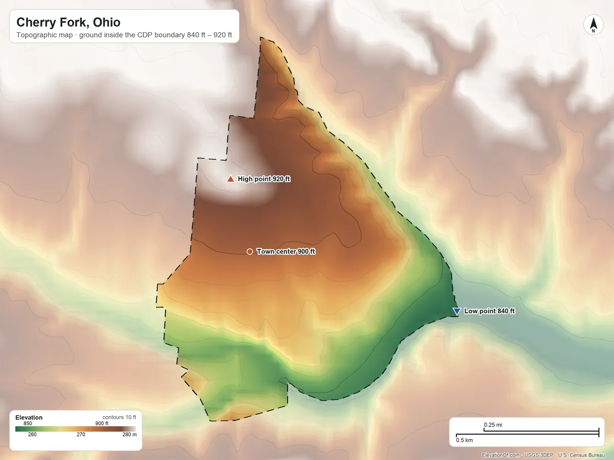 Topographic elevation map of Cherry Fork, Ohio, shaded from 840 ft on the east side to 920 ft on the north side