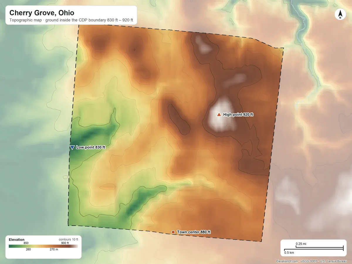 Topographic elevation map of Cherry Grove, Ohio, shaded from 830 ft on the northwest side to 920 ft on the north side