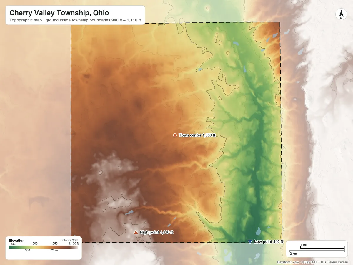 Topographic elevation map of Cherry Valley Township, Ohio, shaded from 940 ft on the southeast side to 1,110 ft on the south side