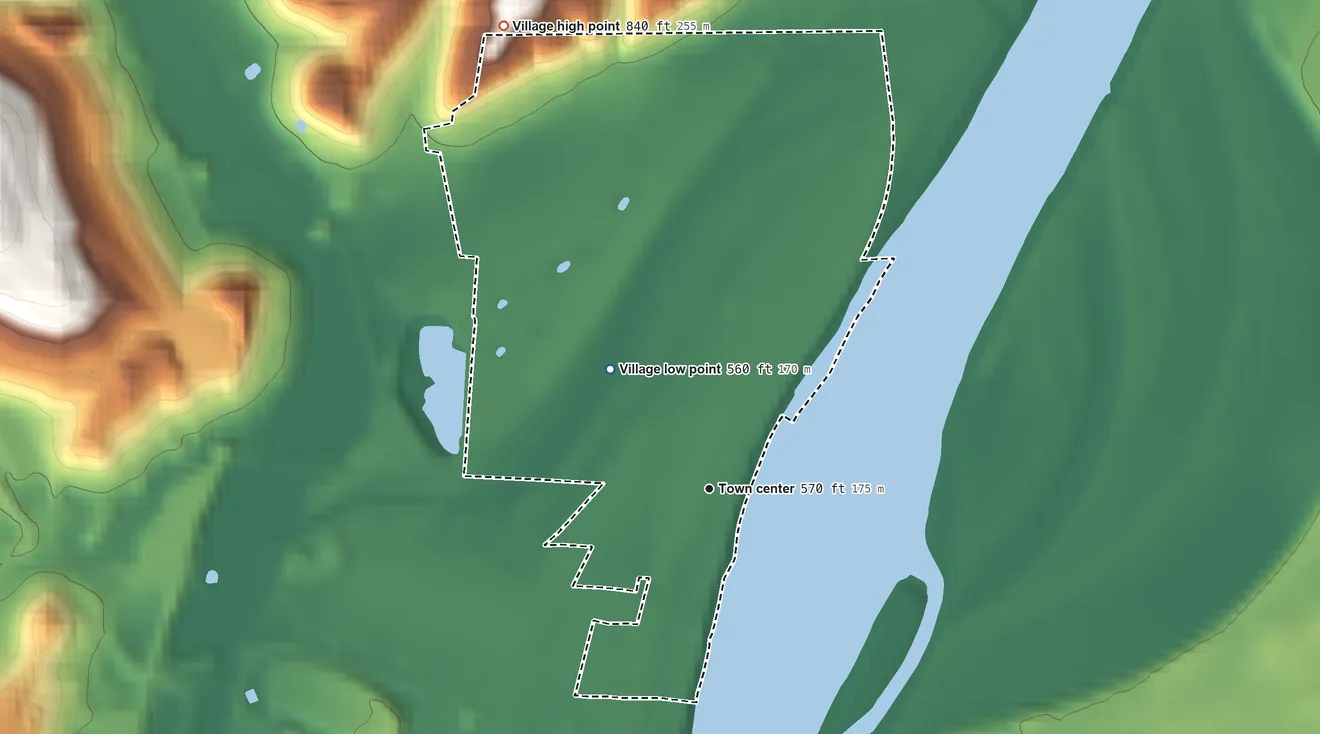 Topographic elevation map of Cheshire, Ohio, shaded from 560 ft on the northwest side to 840 ft on the northwest side