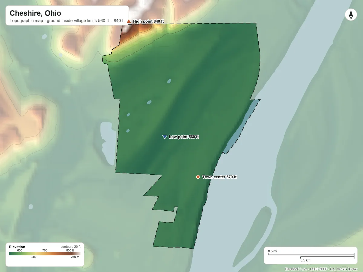 Topographic elevation map of Cheshire, Ohio, shaded from 560 ft on the northwest side to 840 ft on the northwest side