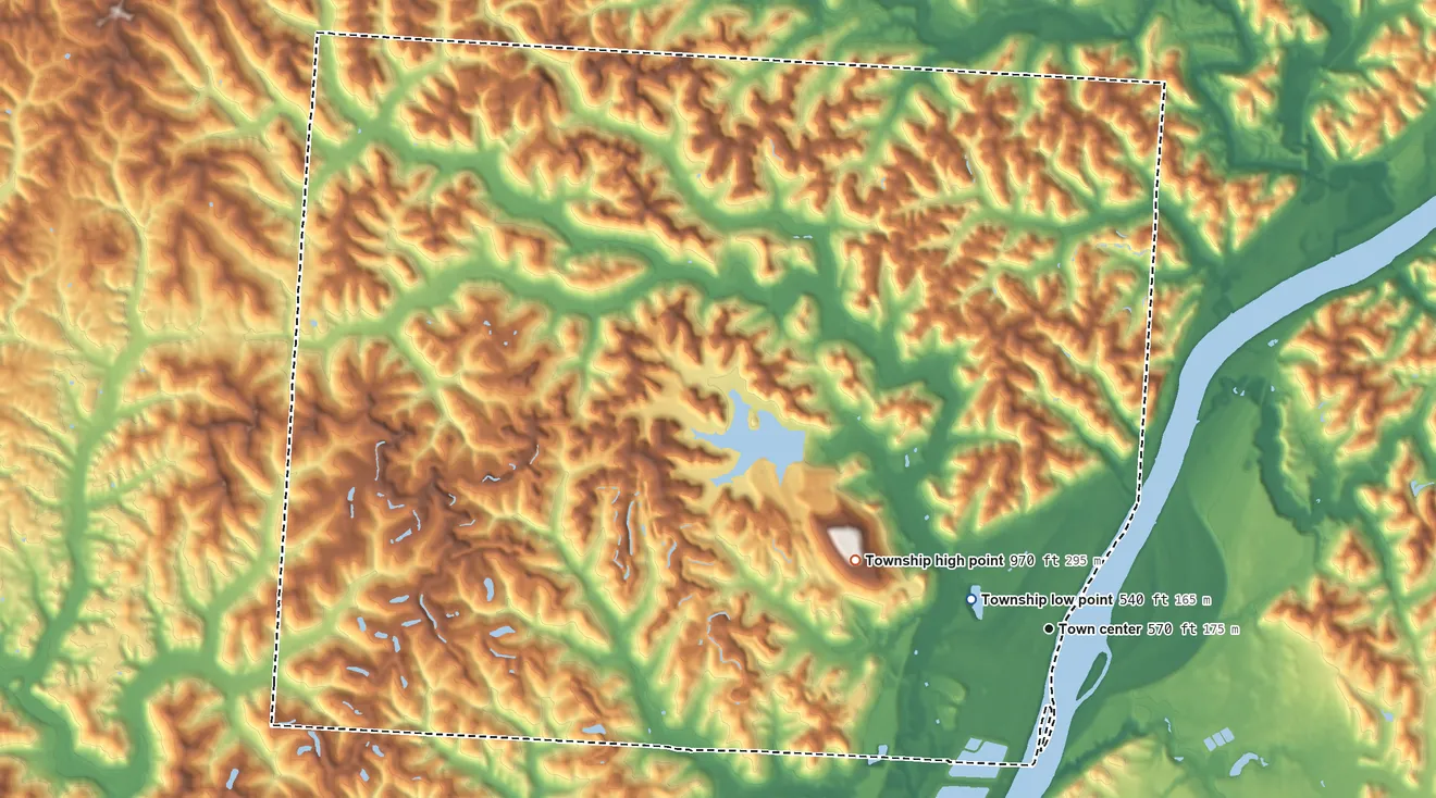 Topographic elevation map of Cheshire Township, Ohio, shaded from 540 ft near the middle to 970 ft on the west side