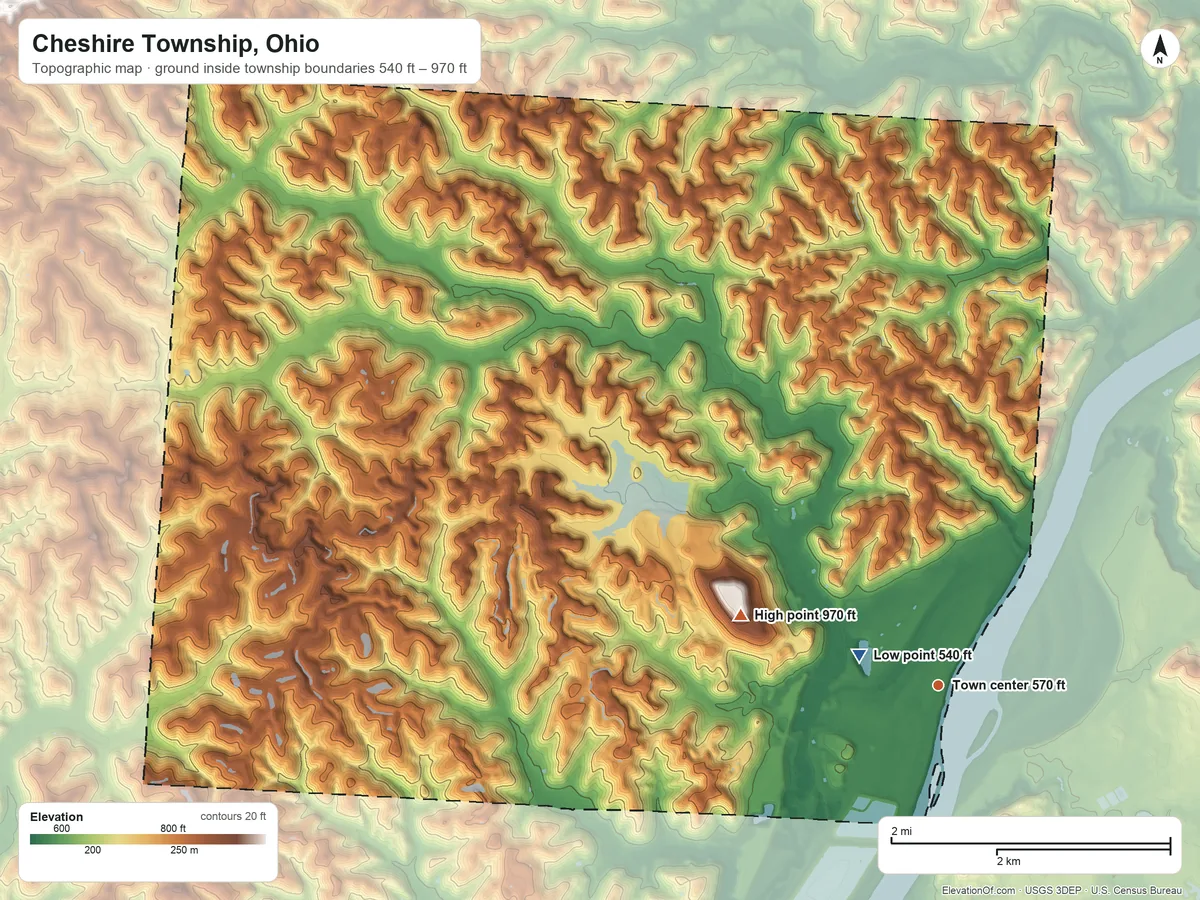 Topographic elevation map of Cheshire Township, Ohio, shaded from 540 ft near the middle to 970 ft on the west side