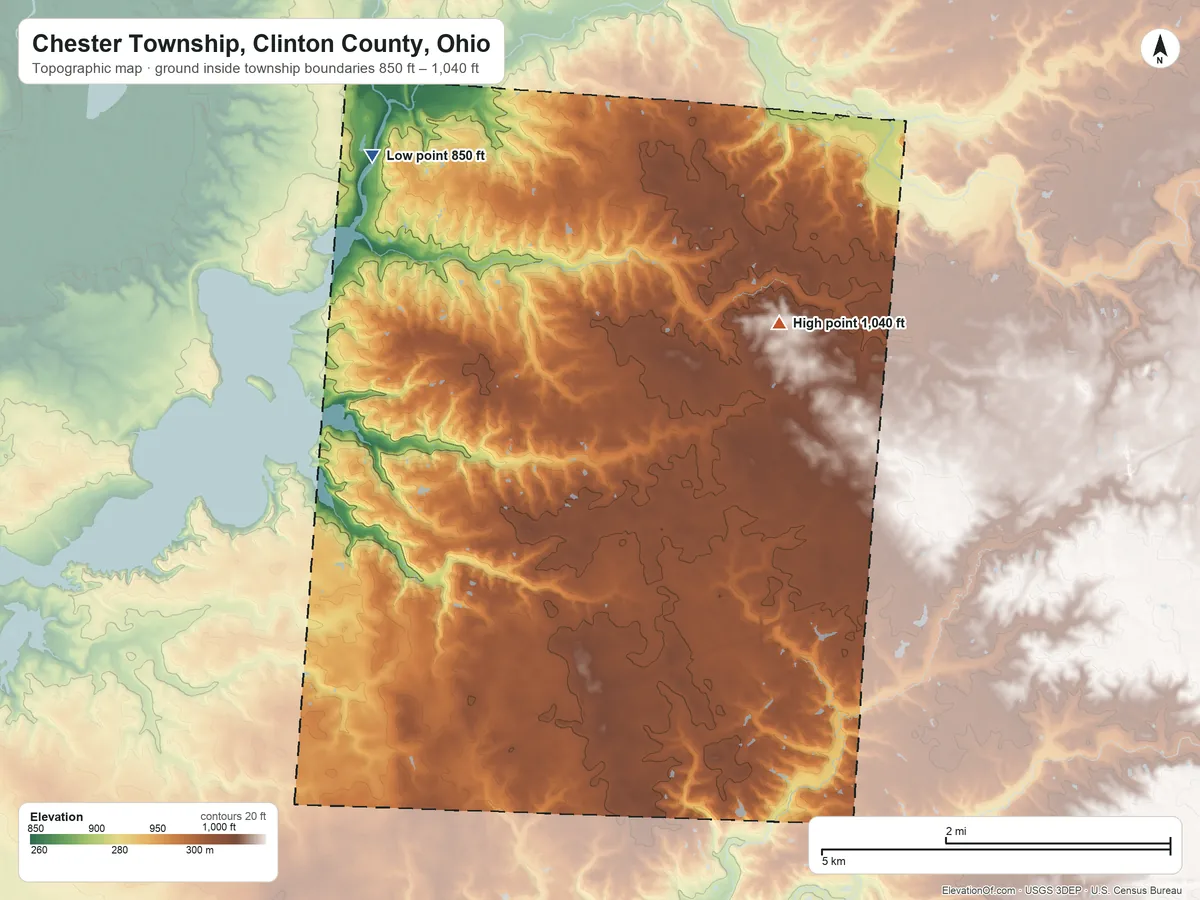 Topographic elevation map of Chester Township, Clinton County, Ohio, shaded from 850 ft on the northwest side to 1,040 ft on the northeast side