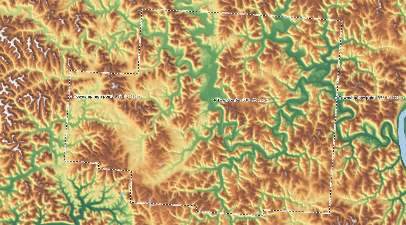 Topographic elevation map of Chester Township, Meigs County, Ohio, shaded from 570 ft on the east side to 910 ft on the west side