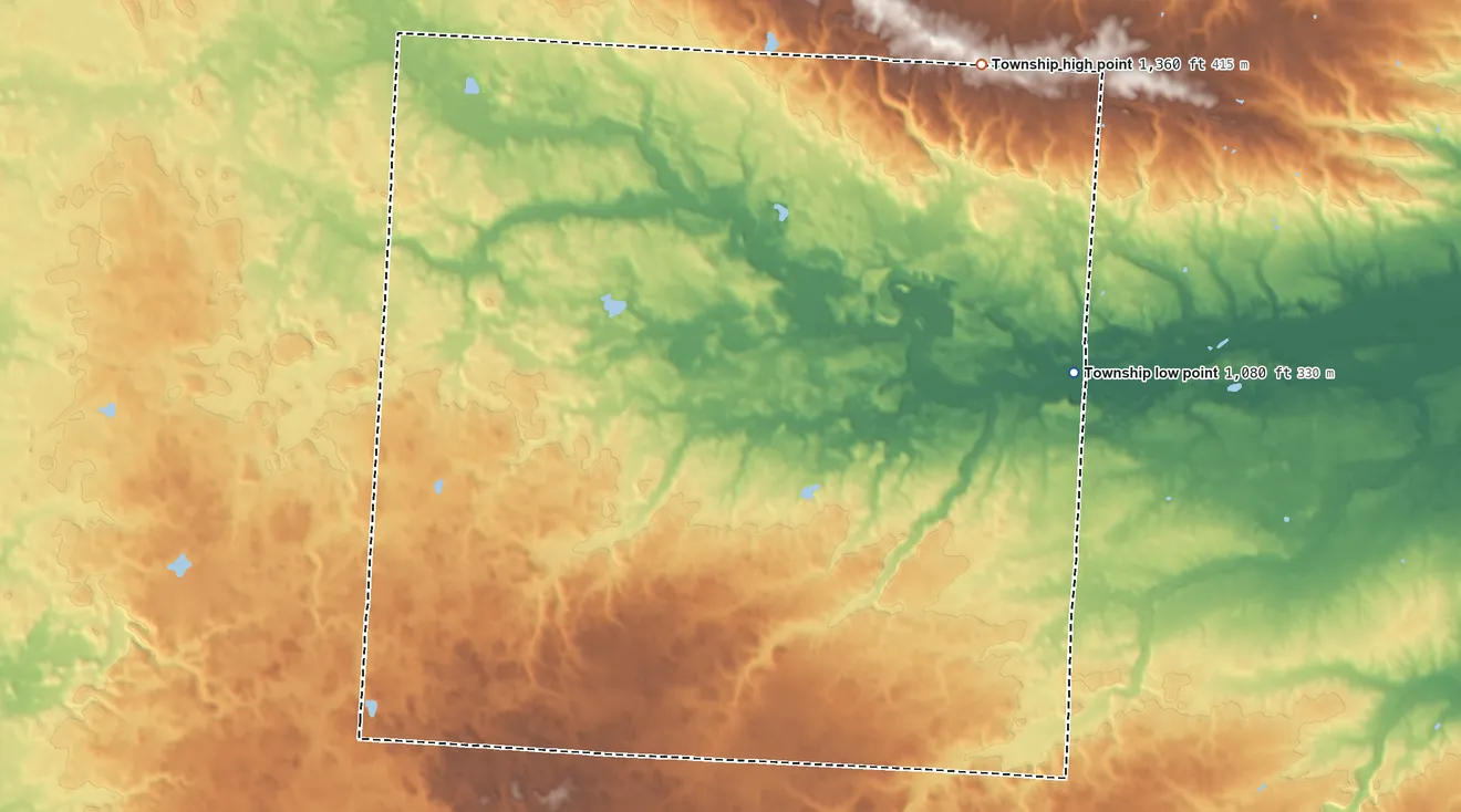 Topographic elevation map of Chester Township, Morrow County, Ohio, shaded from 1,080 ft on the east side to 1,360 ft on the northeast side