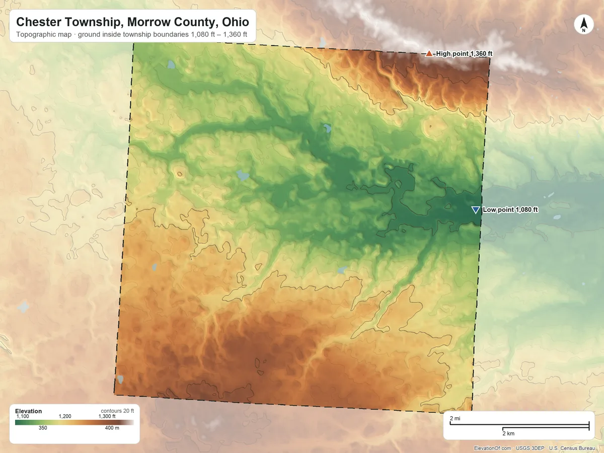 Topographic elevation map of Chester Township, Morrow County, Ohio, shaded from 1,080 ft on the east side to 1,360 ft on the northeast side