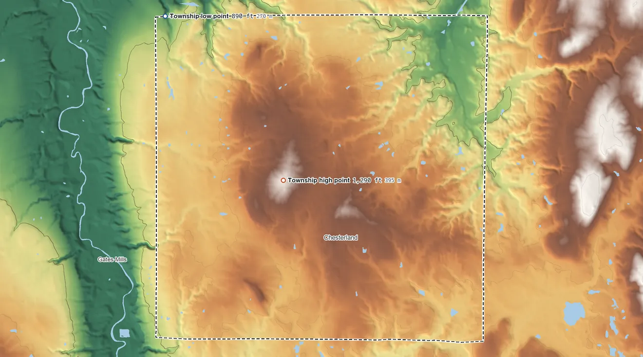 Topographic elevation map of Chester Township, Ohio, shaded from 890 ft on the northwest side to 1,290 ft near the middle