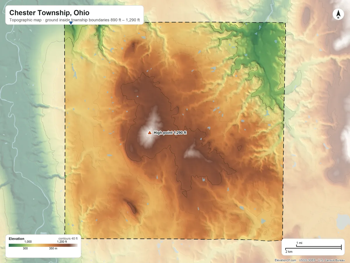 Topographic elevation map of Chester Township, Ohio, shaded from 890 ft on the northwest side to 1,290 ft near the middle