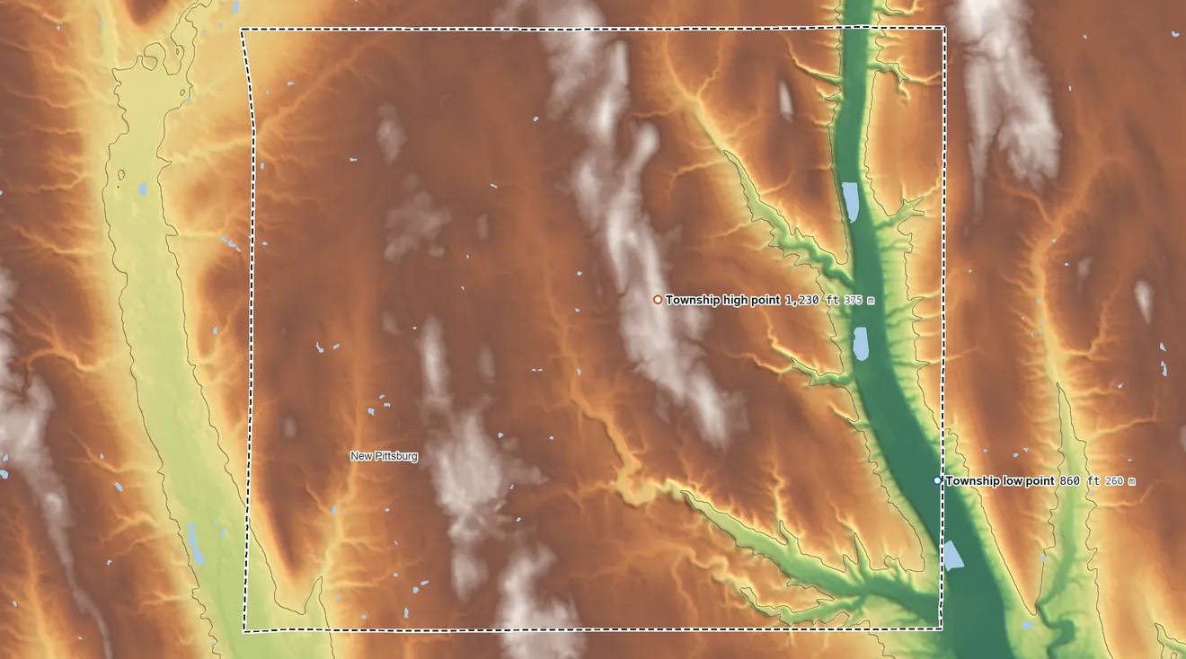 Topographic elevation map of Chester Township, Wayne County, Ohio, shaded from 860 ft on the east side to 1,230 ft on the east side