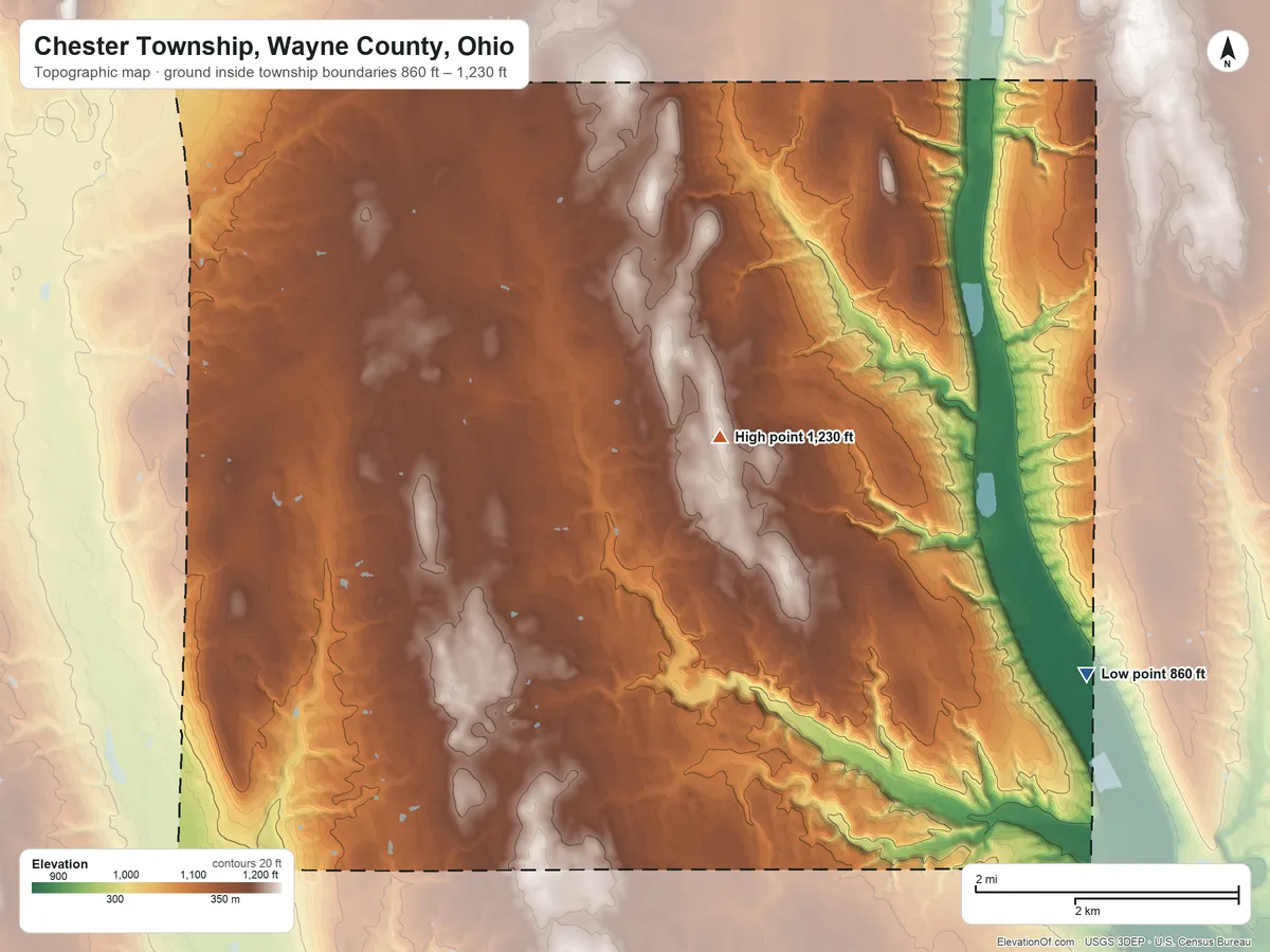 Topographic elevation map of Chester Township, Wayne County, Ohio, shaded from 860 ft on the east side to 1,230 ft on the east side