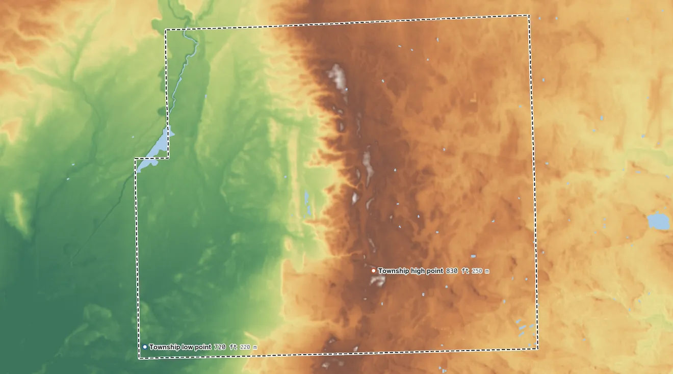 Topographic elevation map of Chesterfield Township, Ohio, shaded from 720 ft on the southwest side to 830 ft on the south side