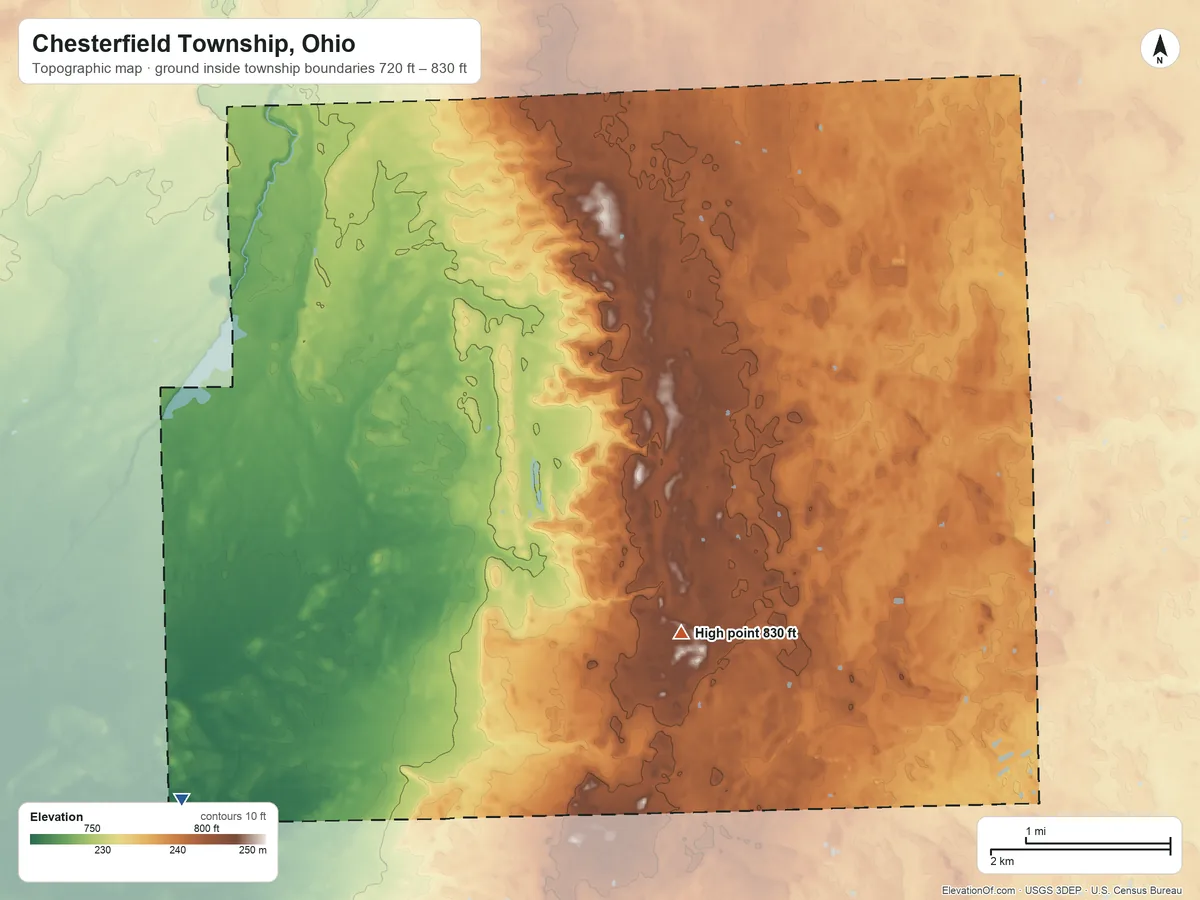 Topographic elevation map of Chesterfield Township, Ohio, shaded from 720 ft on the southwest side to 830 ft on the south side