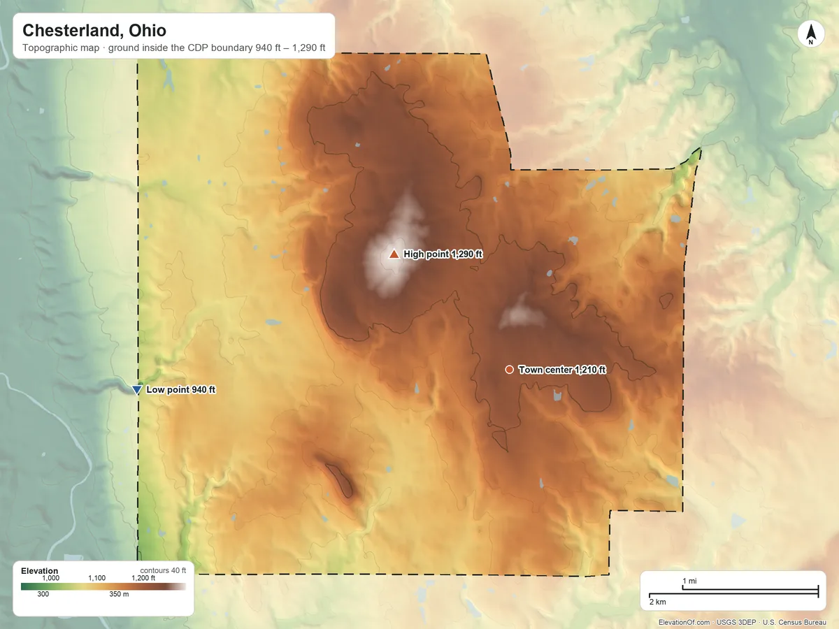 Topographic elevation map of Chesterland, Ohio, shaded from 940 ft on the west side to 1,290 ft on the northwest side