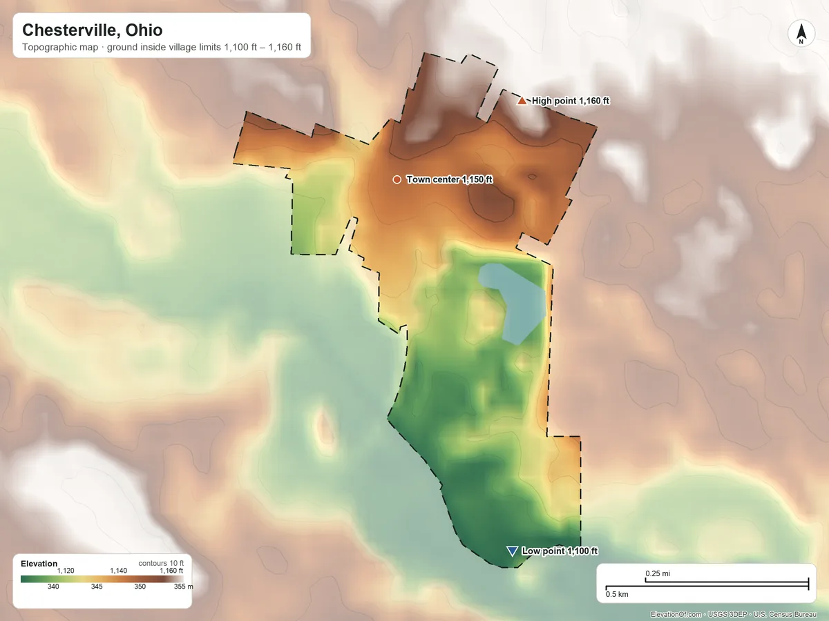 Topographic elevation map of Chesterville, Ohio, shaded from 1,100 ft on the south side to 1,160 ft on the northeast side