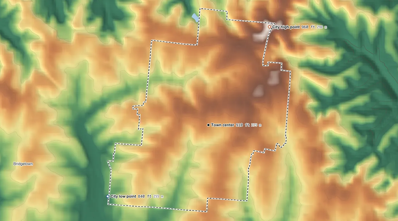 Topographic elevation map of Cheviot, Ohio, shaded from 840 ft on the southwest side to 960 ft on the northeast side