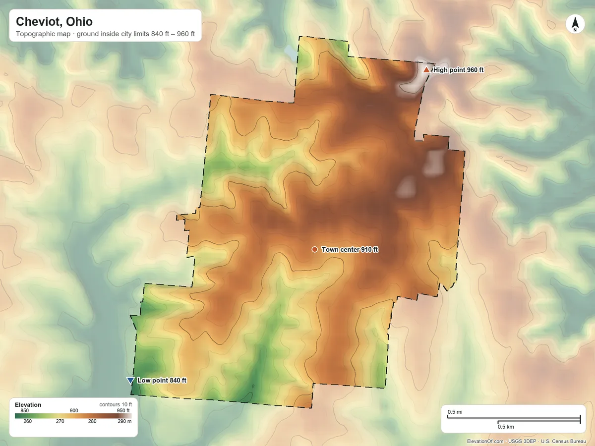 Topographic elevation map of Cheviot, Ohio, shaded from 840 ft on the southwest side to 960 ft on the northeast side