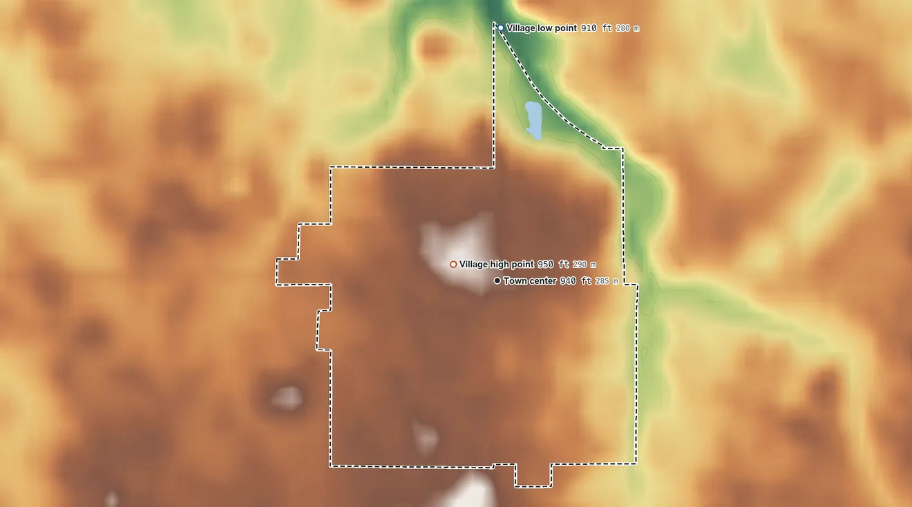 Topographic elevation map of Chickasaw, Ohio, shaded from 910 ft on the north side to 950 ft near the middle