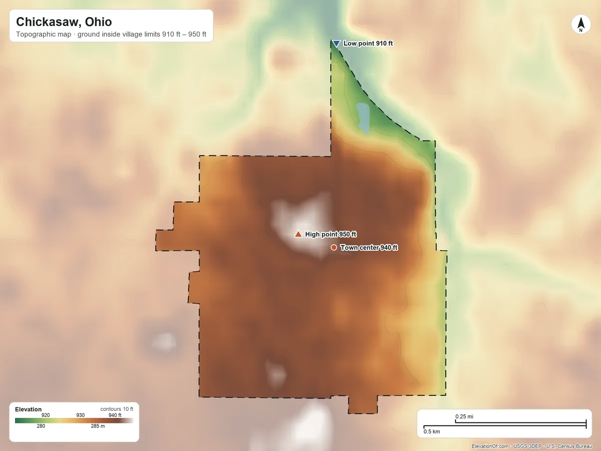 Topographic elevation map of Chickasaw, Ohio, shaded from 910 ft on the north side to 950 ft near the middle