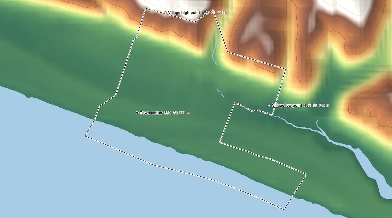 Topographic elevation map of Chilo, Ohio, shaded from 490 ft on the east side to 670 ft on the north side