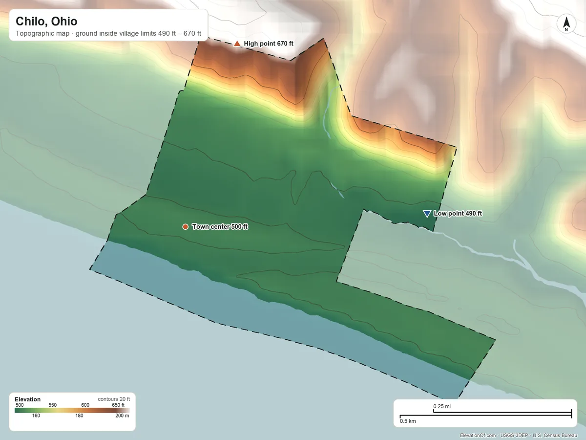 Topographic elevation map of Chilo, Ohio, shaded from 490 ft on the east side to 670 ft on the north side