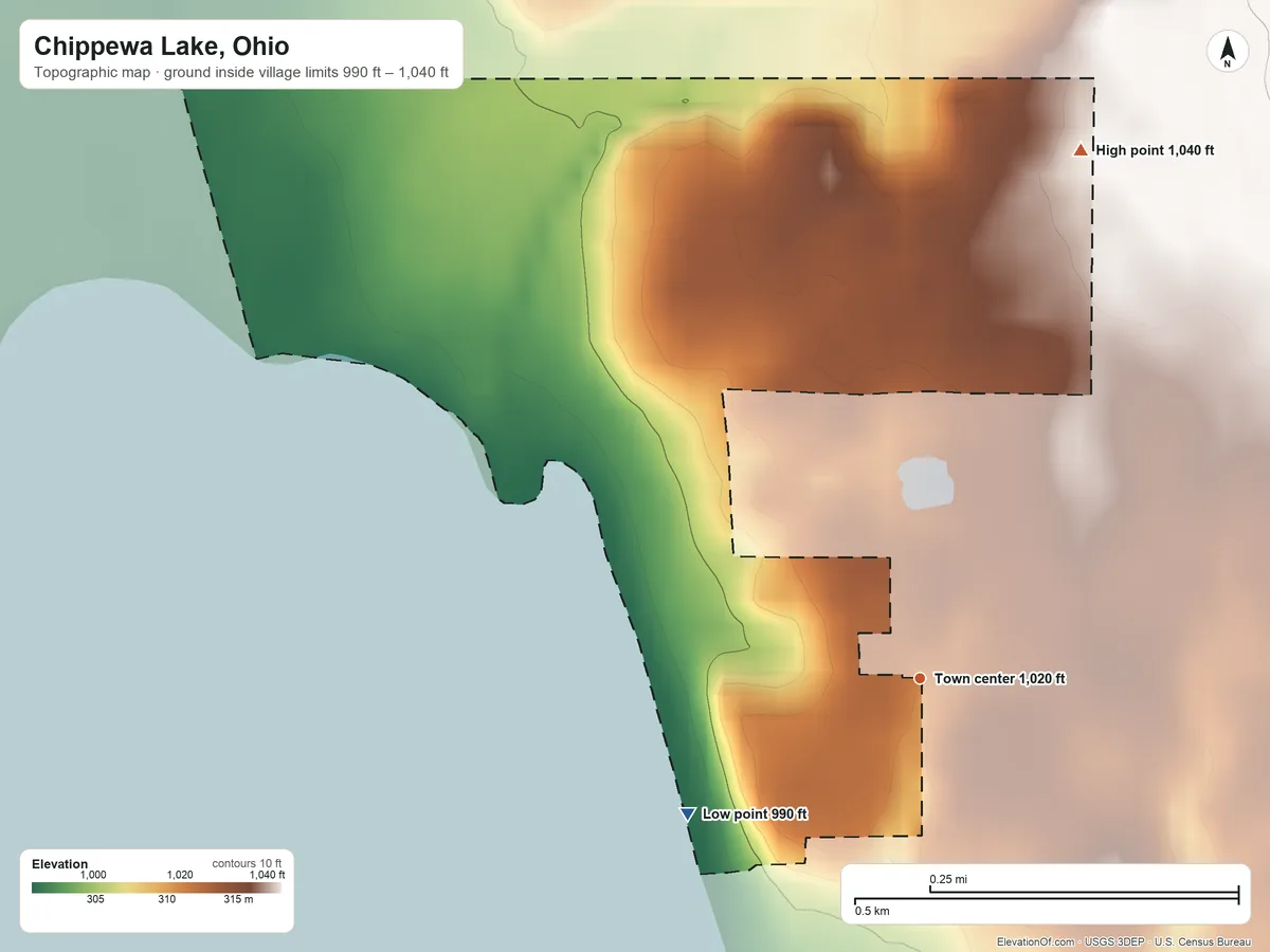 Topographic elevation map of Chippewa Lake, Ohio, shaded from 990 ft on the southwest side to 1,040 ft on the north side