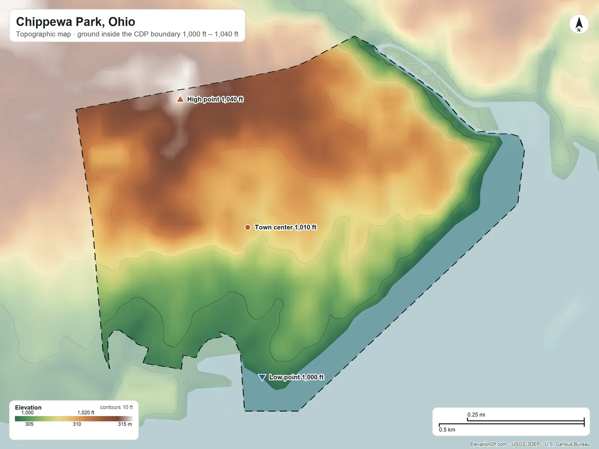Topographic elevation map of Chippewa Park, Ohio, shaded from 1,000 ft on the south side to 1,040 ft on the northwest side