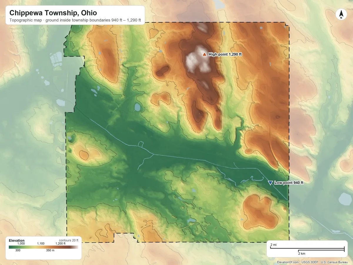 Topographic elevation map of Chippewa Township, Ohio, shaded from 940 ft on the southeast side to 1,290 ft on the north side