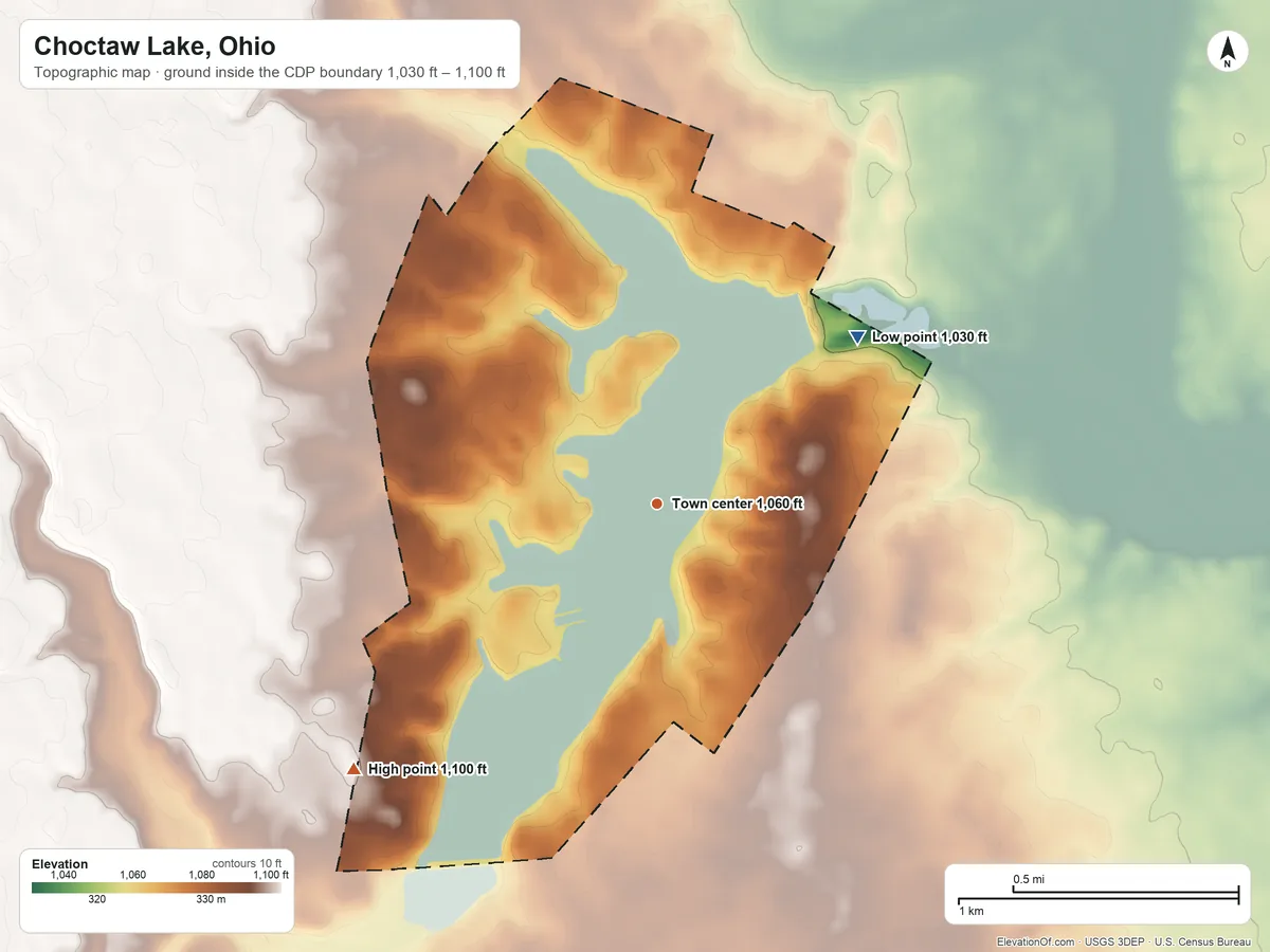 Topographic elevation map of Choctaw Lake, Ohio, shaded from 1,030 ft on the northeast side to 1,100 ft on the southwest side
