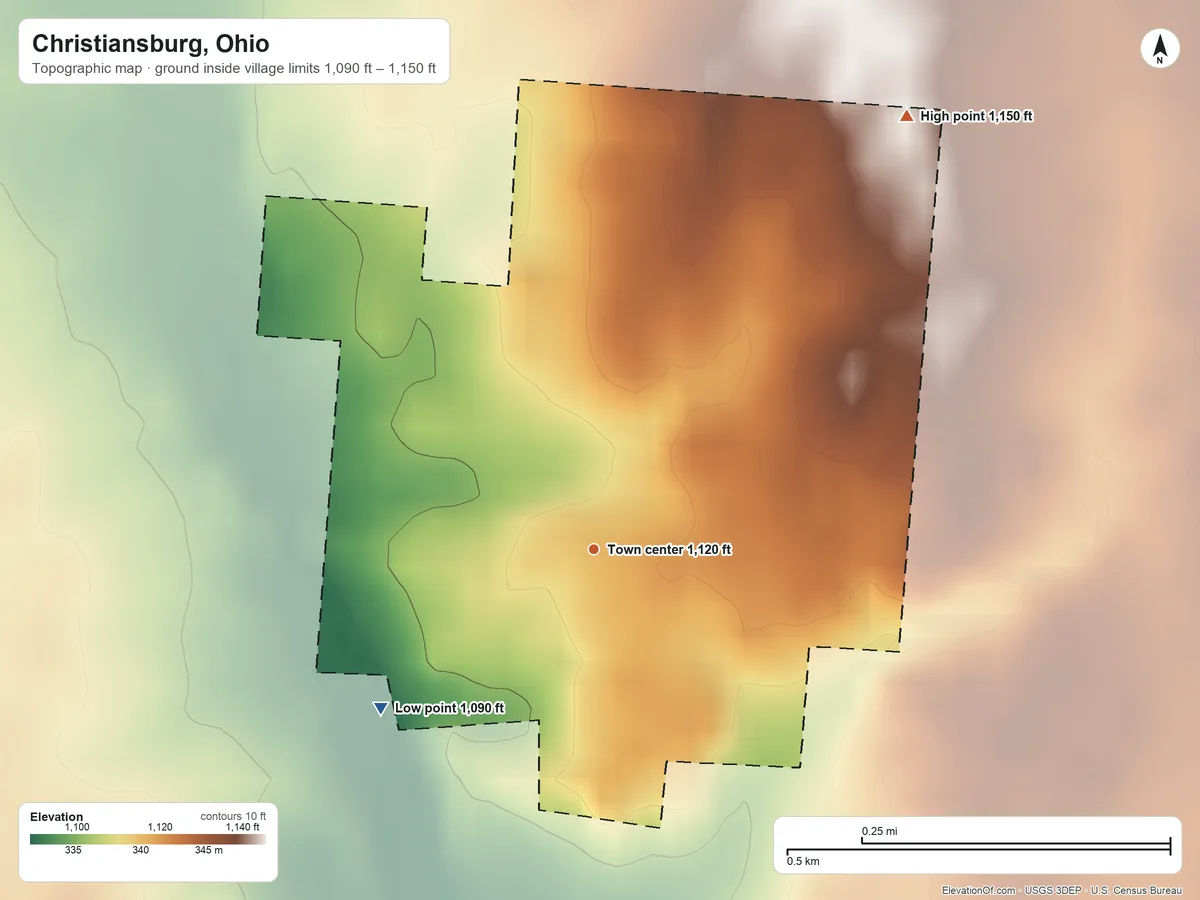 Topographic elevation map of Christiansburg, Ohio, shaded from 1,090 ft on the southwest side to 1,150 ft on the northeast side