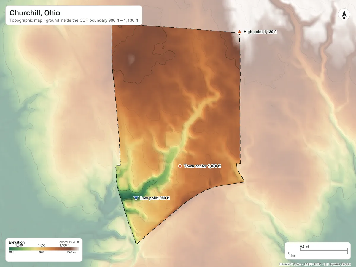Topographic elevation map of Churchill, Ohio, shaded from 980 ft on the southwest side to 1,130 ft on the northeast side