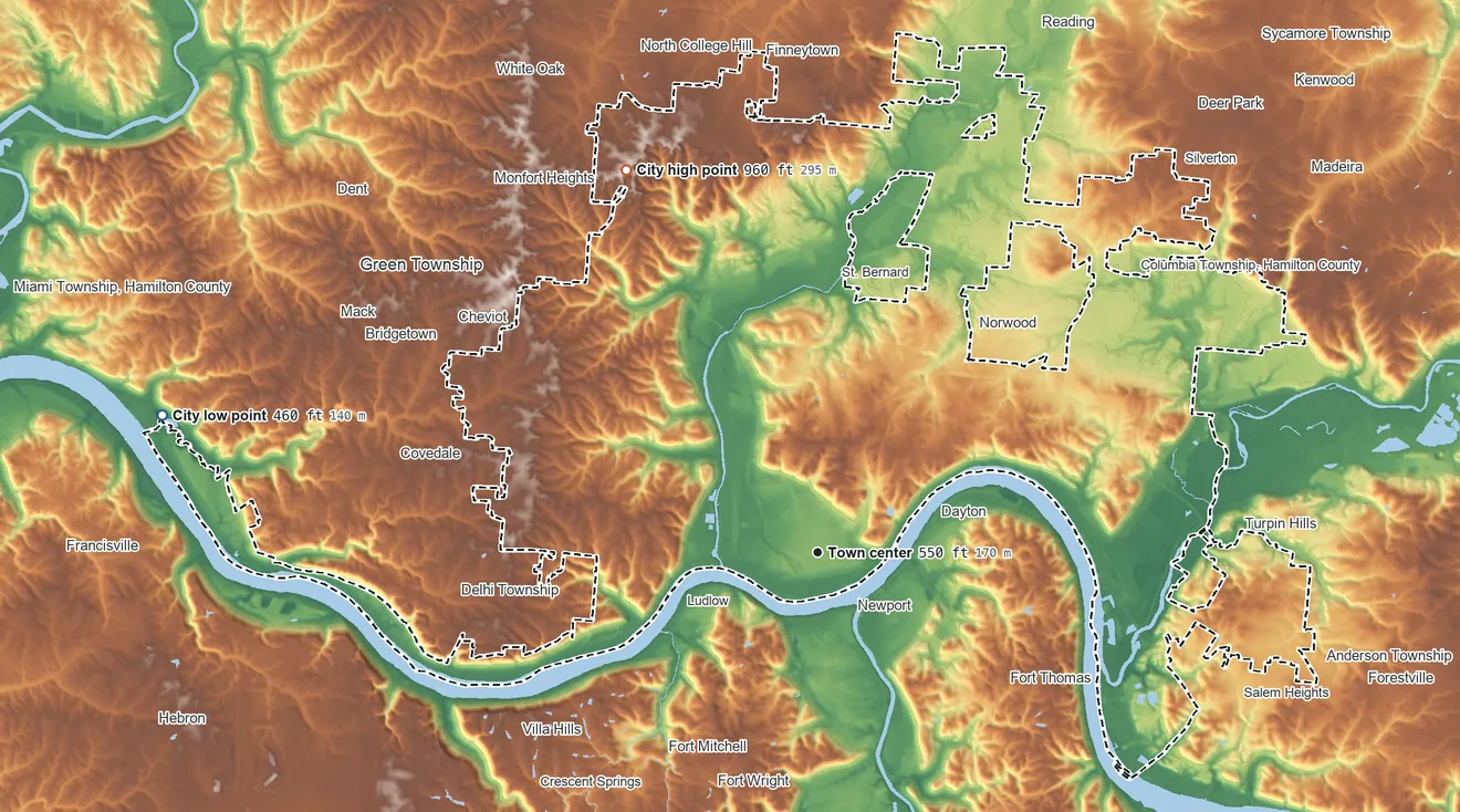 Topographic elevation map of Cincinnati, Ohio, shaded from 460 ft on the west side to 960 ft on the northwest side