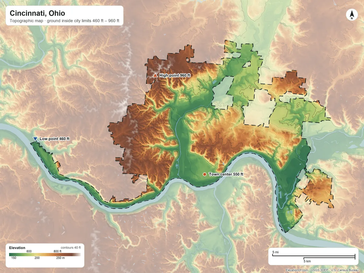 Topographic elevation map of Cincinnati, Ohio, shaded from 460 ft on the west side to 960 ft on the northwest side