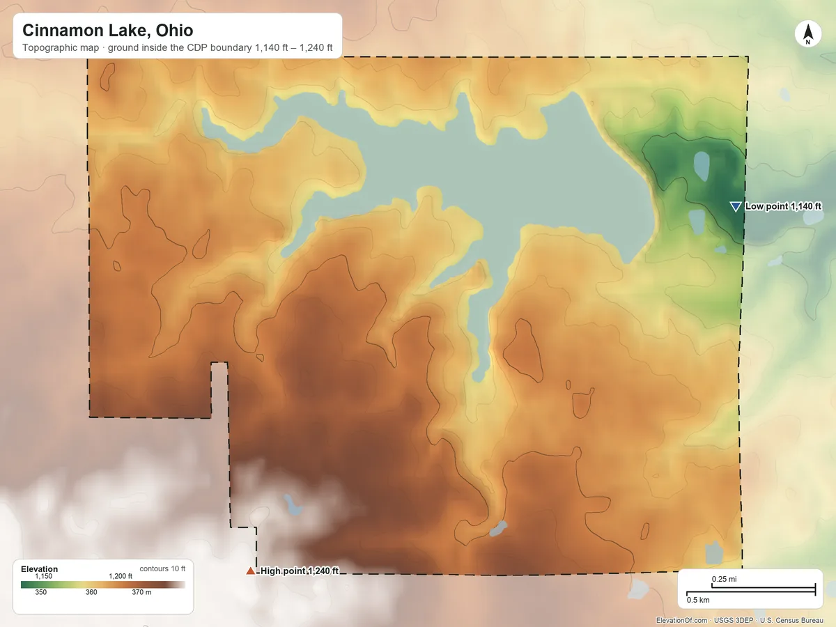 Topographic elevation map of Cinnamon Lake, Ohio, shaded from 1,140 ft on the northeast side to 1,240 ft on the southwest side