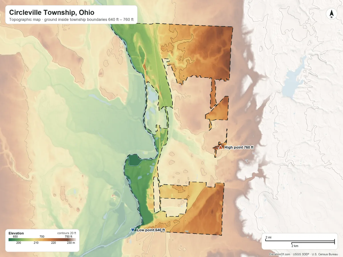 Topographic elevation map of Circleville Township, Ohio, shaded from 640 ft on the south side to 760 ft on the east side