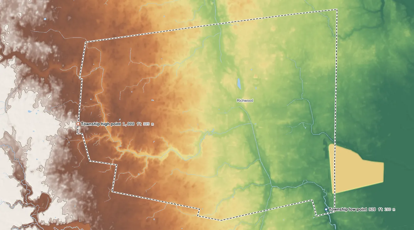 Topographic elevation map of Claibourne Township, Ohio, shaded from 920 ft on the southeast side to 1,000 ft on the west side