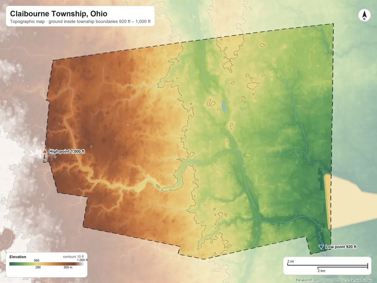 Topographic elevation map of Claibourne Township, Ohio, shaded from 920 ft on the southeast side to 1,000 ft on the west side