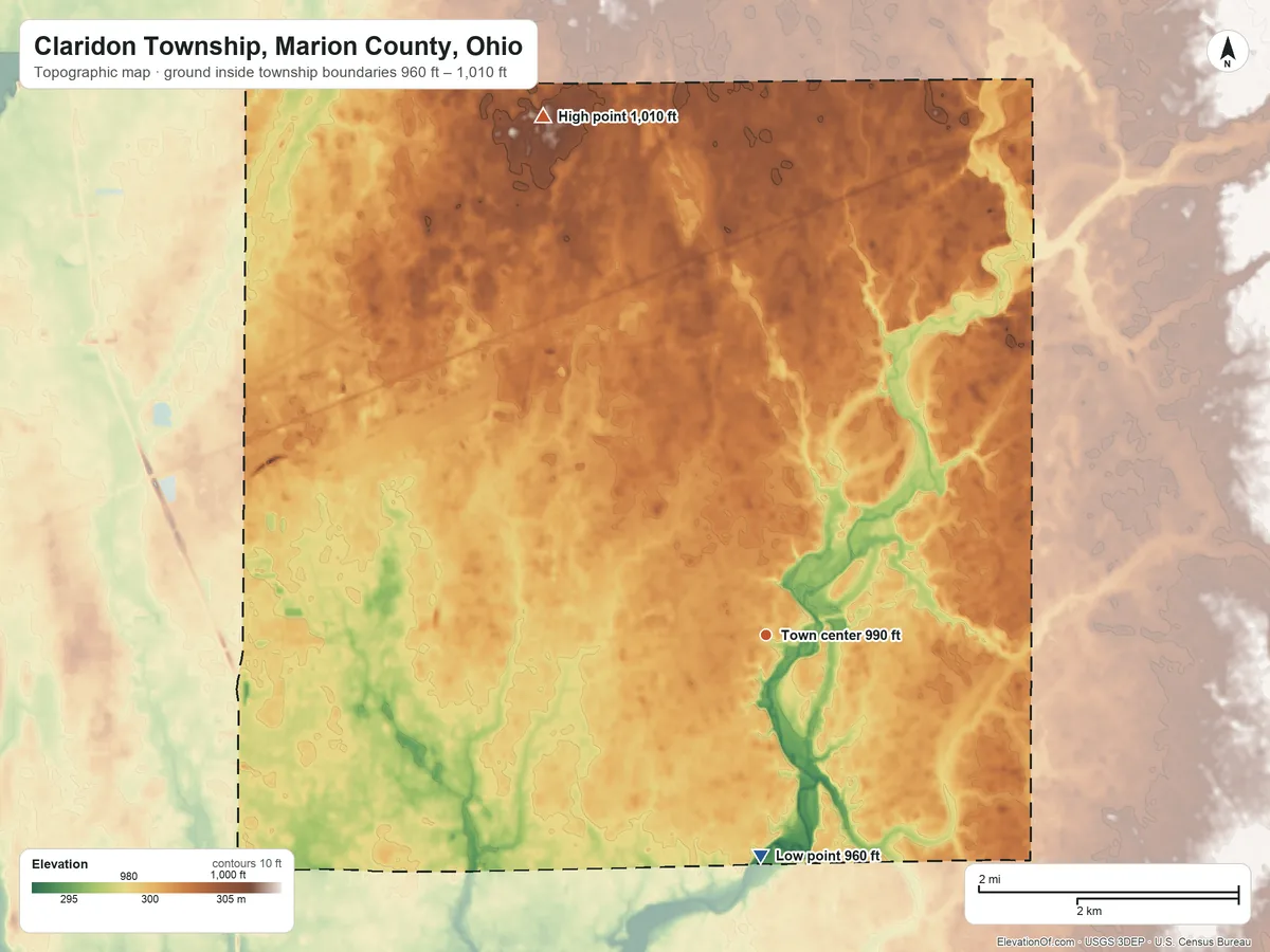 Topographic elevation map of Claridon Township, Marion County, Ohio, shaded from 960 ft on the south side to 1,010 ft on the northwest side