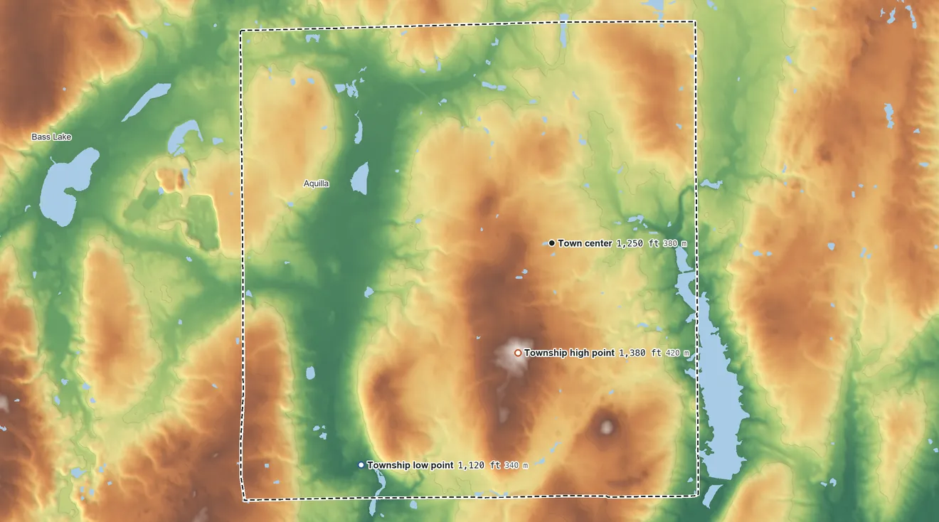 Topographic elevation map of Claridon Township, Ohio, shaded from 1,120 ft on the southwest side to 1,380 ft on the south side