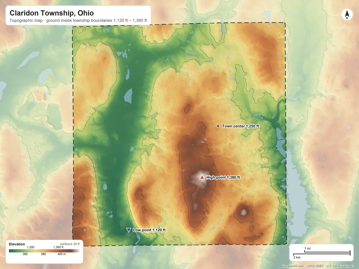 Topographic elevation map of Claridon Township, Ohio, shaded from 1,120 ft on the southwest side to 1,380 ft on the south side