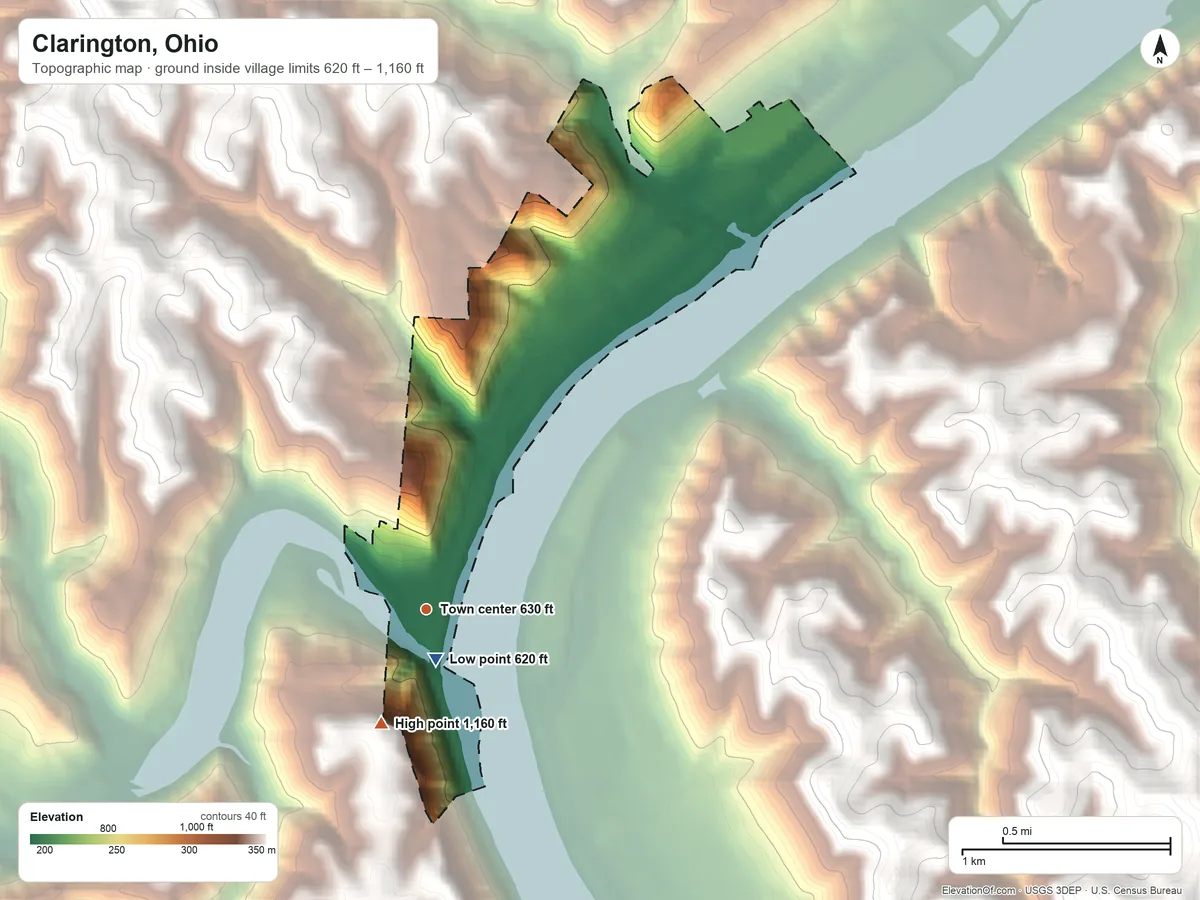 Topographic elevation map of Clarington, Ohio, shaded from 620 ft near the middle to 1,160 ft on the south side