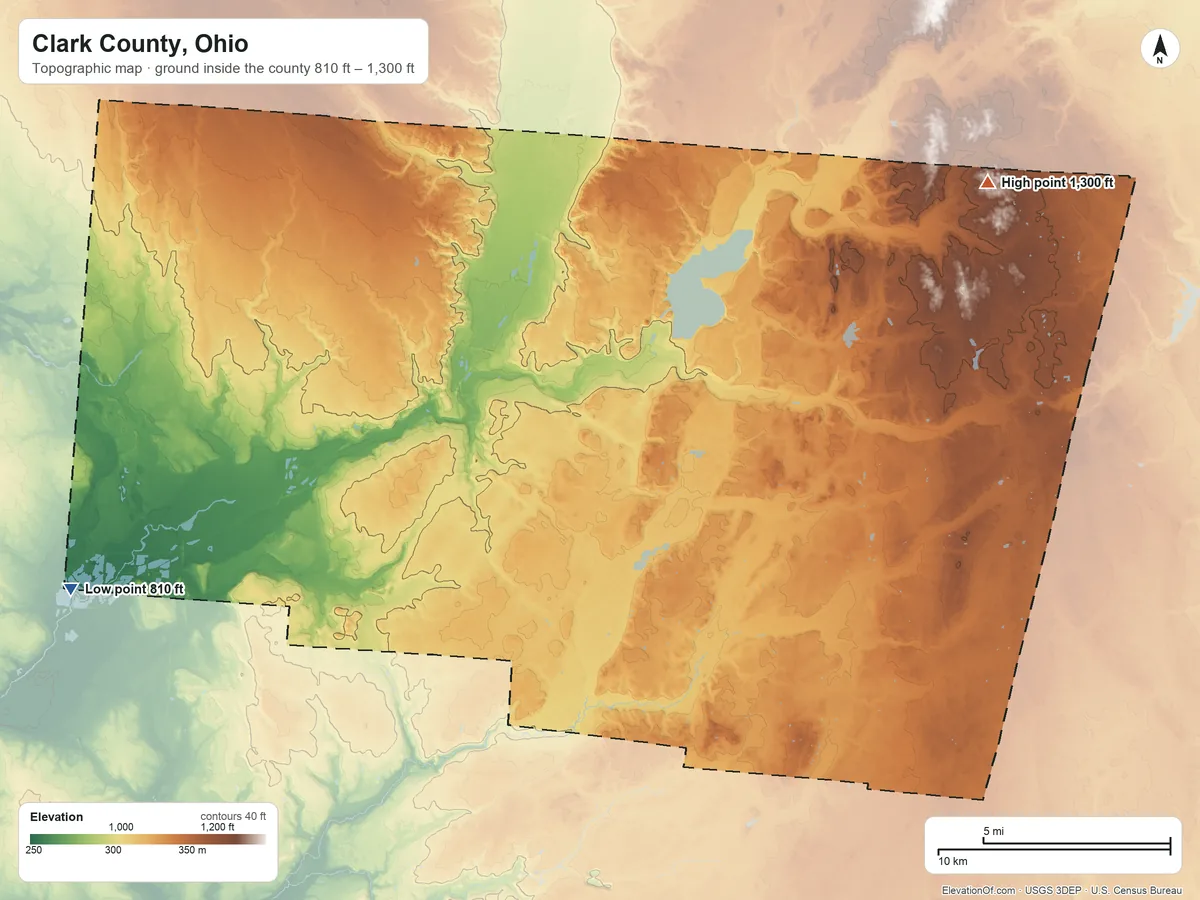 Topographic elevation map of Clark County, Ohio, shaded from 810 ft on the west side to 1,300 ft on the northeast side