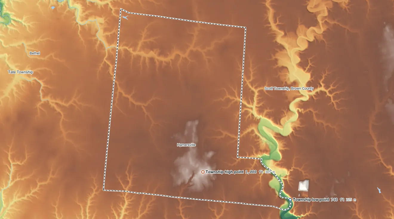 Topographic elevation map of Clark Township, Brown County, Ohio, shaded from 740 ft on the southeast side to 1,000 ft on the southeast side