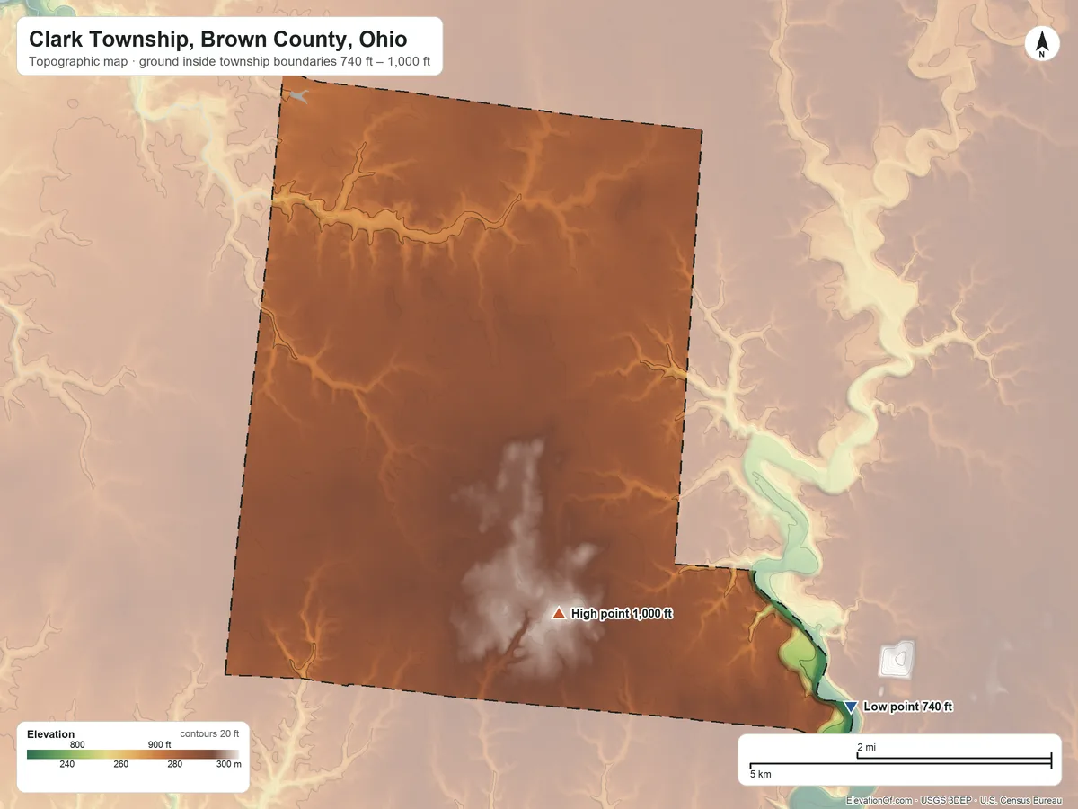 Topographic elevation map of Clark Township, Brown County, Ohio, shaded from 740 ft on the southeast side to 1,000 ft on the southeast side