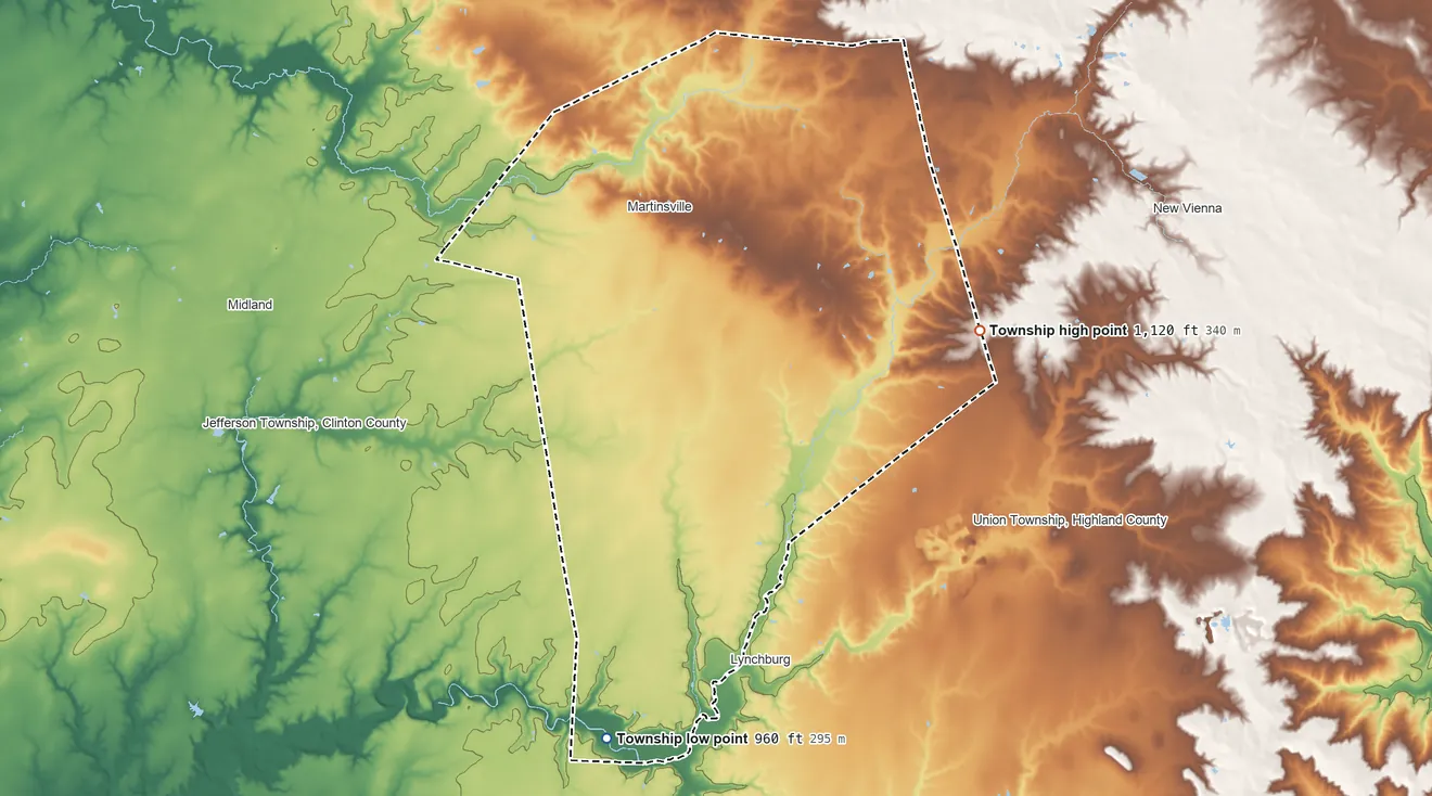 Topographic elevation map of Clark Township, Clinton County, Ohio, shaded from 960 ft on the south side to 1,120 ft on the east side