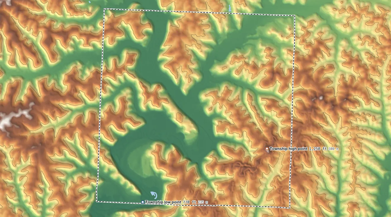 Topographic elevation map of Clark Township, Coshocton County, Ohio, shaded from 770 ft on the southwest side to 1,250 ft on the southeast side