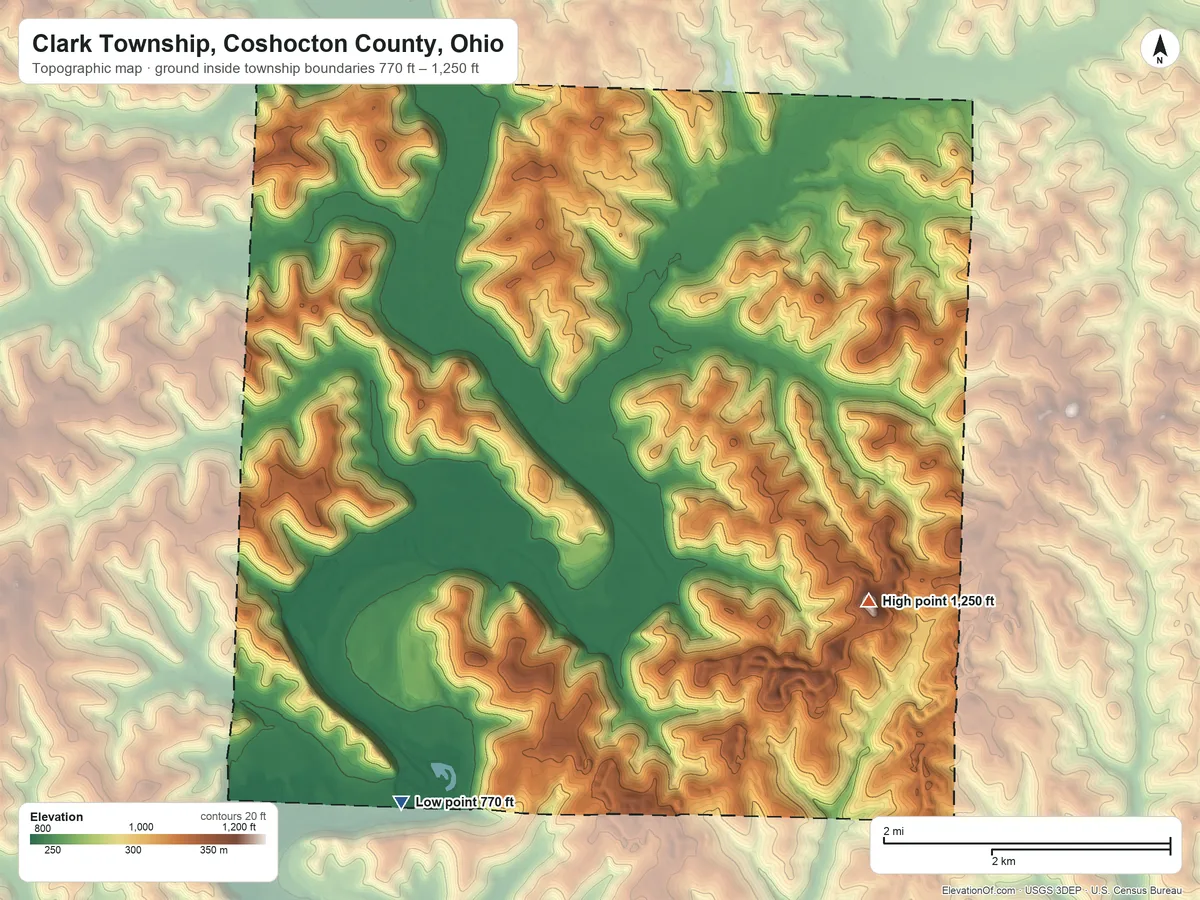 Topographic elevation map of Clark Township, Coshocton County, Ohio, shaded from 770 ft on the southwest side to 1,250 ft on the southeast side